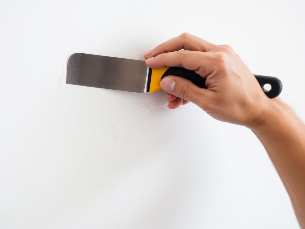Drywall patch being smoothed by a handyman